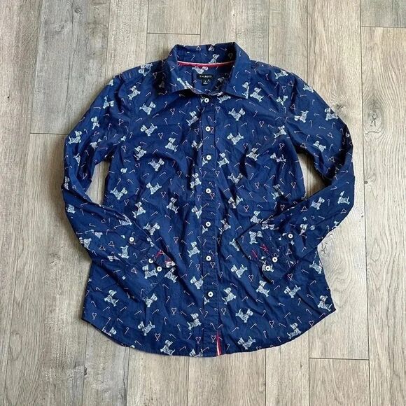 TALBOTS Christmas Dog and Candycane Cotton Button Down Size Small - Picture 2 of 6